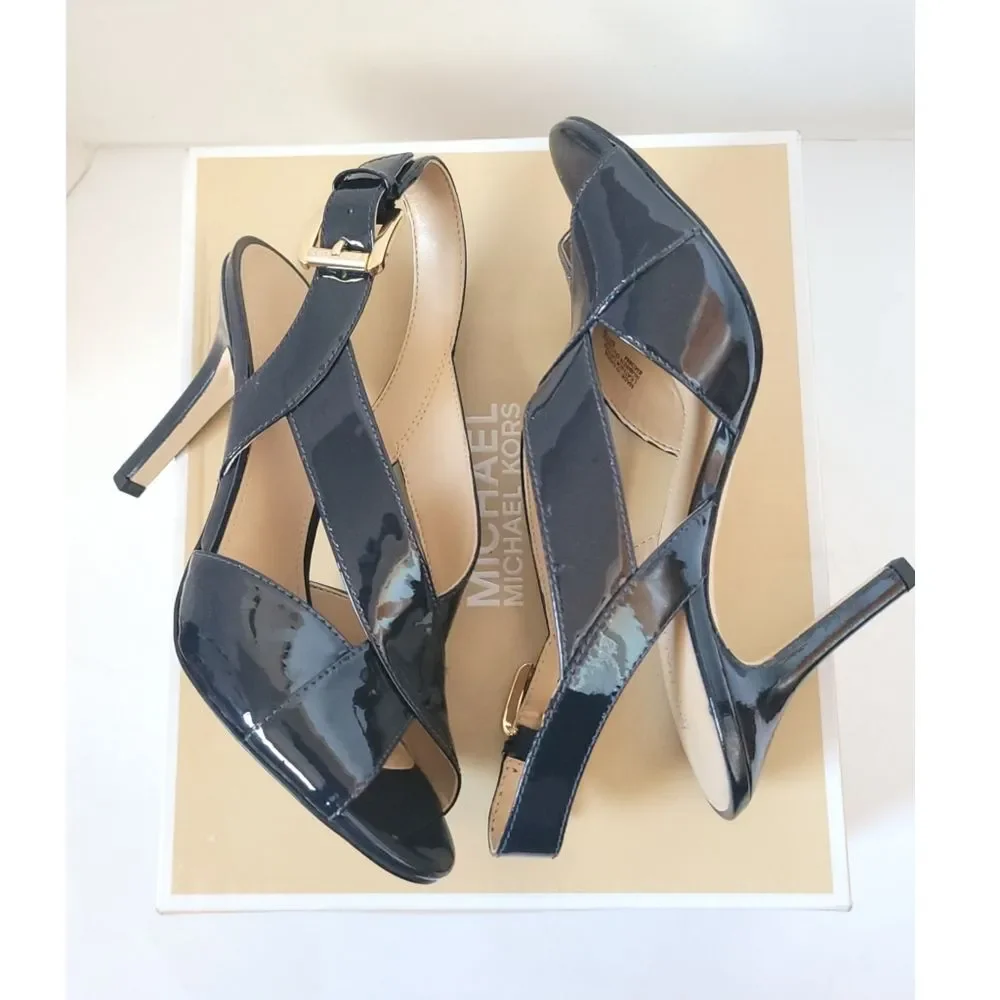 New! MICHAEL KORS Women's Patent Leather Slingback Sandals Size 6 Dark Navy Blue